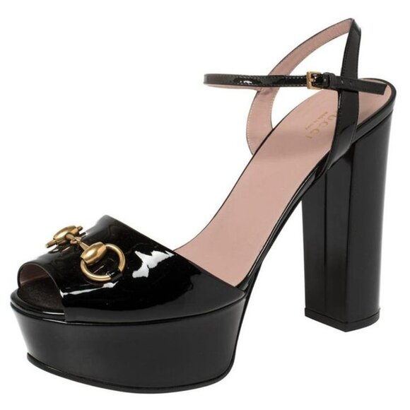 Gucci Claudie Black Patent Ankle Strap Platform Block Heels w Gold Horsebit - Picture 1 of 14